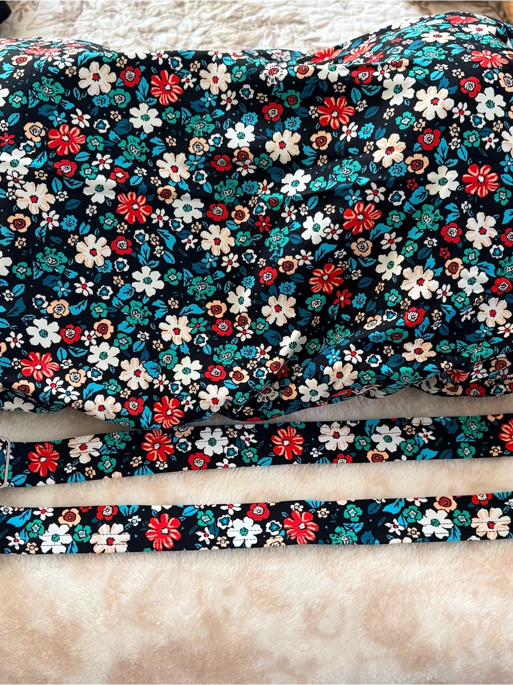 Lands' End Navy Floral Bandeau Swim Top with Red, White & Teal print with straps